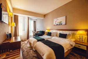 第比利斯考斯特酒店的酒店客房配有两张床和一张书桌