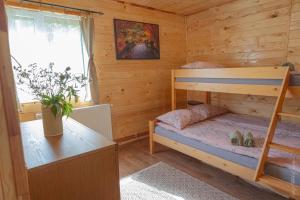 PoeniCabana Amis的小木屋内设有一间带两张双层床的卧室