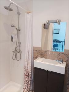 特拉武科新镇Casa Celeste Trabuco的带淋浴、盥洗盆和镜子的浴室