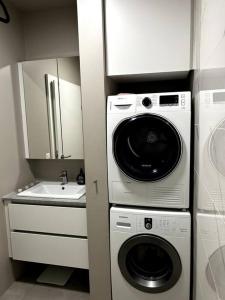 雷克雅未克A modern & homely apartment的厨房配有洗衣机和水槽
