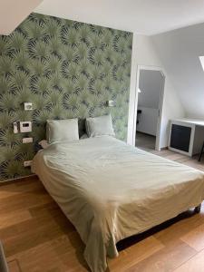 希迈Chimay : la Chambre Verte de la Grand Place的一间卧室设有一张大床和绿色的墙壁
