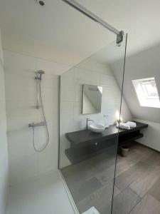 希迈Chimay : la Chambre Verte de la Grand Place的一间带玻璃淋浴和水槽的浴室
