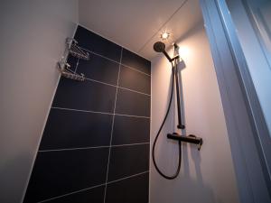 MiddelaarHouseboats Mookerplas的浴室设有黑色瓷砖墙和淋浴。