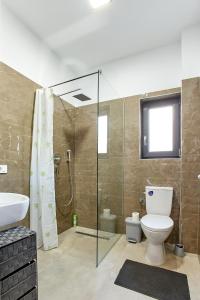 上维谢乌Casa Alma的一间带卫生间和玻璃淋浴间的浴室