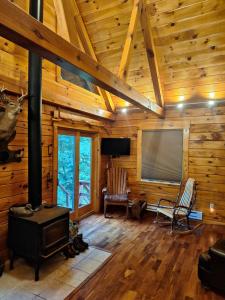 VolantNeshannock Creekside Log Cabin的小屋内的客厅设有燃木火炉