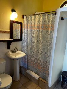 曼努埃尔安东尼奥拉科利纳酒店的浴室配有淋浴帘和盥洗盆。