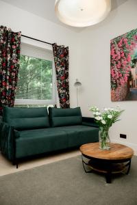 布鲁塞尔Beauty Suite的客厅配有一张绿色沙发,设有一张桌子