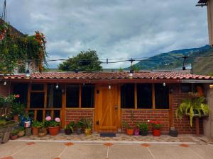 巴尼奥斯Casa y Flores的前面有盆栽植物的砖房