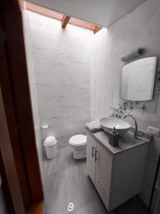 巴尼奥斯Casa y Flores的白色的浴室设有水槽和卫生间。