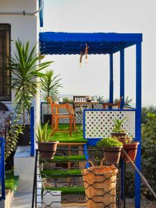 乌姆盖斯Beit Philodemus的蓝色门廊,带椅子和盆栽植物