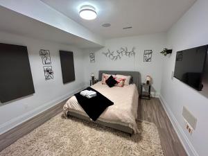 多伦多Boho-chic Spacious Basement Apartment的卧室配有一张床,墙上配有电视。