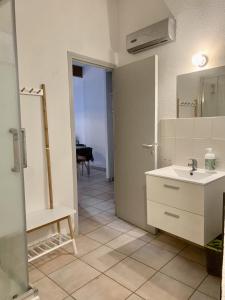 佩皮尼昂Le Cosy de la Vieille Intendance的白色的浴室设有水槽和镜子