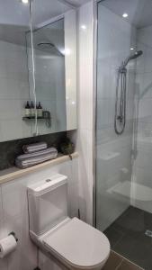 达尔文Penthouse-level Waterfront Apartment的白色的浴室设有卫生间和淋浴。