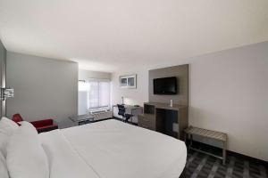 欧文DFW机场南品质套房酒店的一间酒店客房,配有一张白色的床和一张书桌