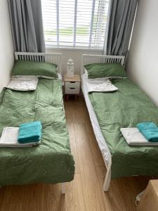 纽基Newquay Fistral Beach View的带窗户的客房内设有两张单人床。