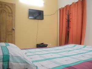达卡Golpata Bed & Breakfast的卧室配有一张床铺,墙上配有电视