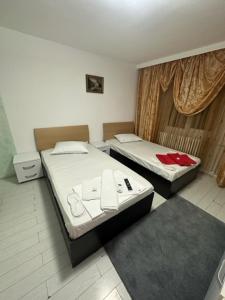 VideleCasa Alpin Videle的客房设有两张床和窗户。