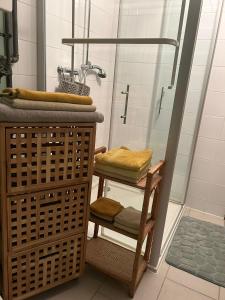 ContheyChez Pipo的浴室配有带篮子的淋浴和盥洗盆。