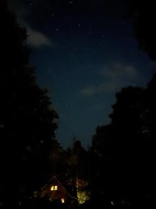 白马村Origami Chalet With open Air bath的星空之夜,有房子和树木
