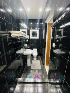 马哈赞加New Park Resort的黑色瓷砖浴室设有卫生间和水槽