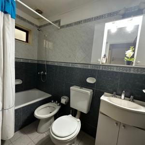 岑特纳里奥Casa Girasoles的浴室配有卫生间、盥洗盆和浴缸。