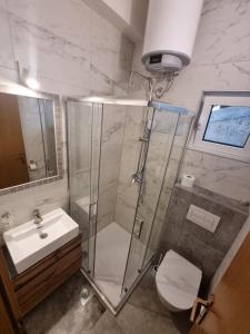 麦米科Apartman Lucia的带淋浴、卫生间和盥洗盆的浴室