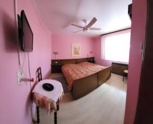 SessenheimHôtel restaurant à la croix d'or的卧室设有粉红色的墙壁、一张床和一台平面电视。