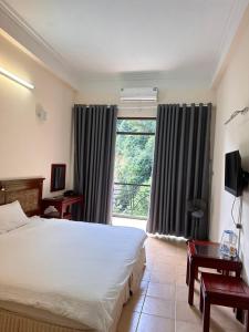 三岛县An Phú Motel Tam Đảo的一间卧室设有一张床和一个大窗户