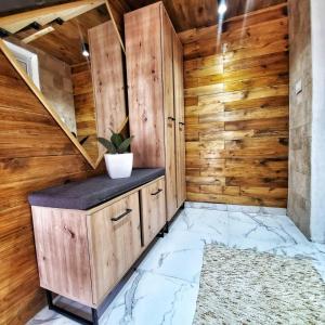 乌尔齐尼Coratina Cottage的浴室设有木墙和盆栽台面