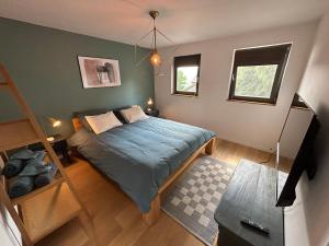 斯图蒙La villa du Tilleul的一间卧室配有一张蓝色棉被和两个窗户。