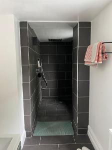 基尔肯尼Ballybur Cottage的浴室设有黑色瓷砖淋浴。