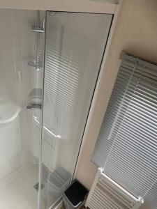 雷讷瑟Luxe 4-persoons chalet zon zee strand Renesse.的带窗户的浴室内的玻璃淋浴间