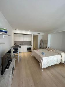 罗马EuroSky Prestige Apartment ROMA EUR的一间设有床铺和厨房的大卧室