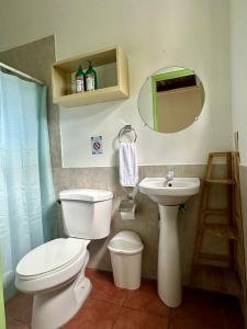 TamaniqueHotel Zelen的一间带卫生间、水槽和镜子的浴室