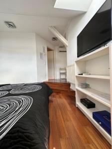 萨格勒布Jacuzzi Apartment - Center Zagreb的一间卧室配有一张床和一台平面电视