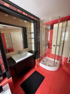 萨格勒布Jacuzzi Apartment - Center Zagreb的带浴缸、水槽和镜子的浴室