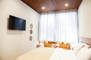 彼得罗波利斯Vista do Vale lofts - Itaipava的一间卧室设有一张床、一台电视和一个窗口。