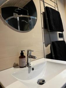 贝茨泰兹瓦赫Bijzonder Lekker overnachten的浴室水槽、镜子和肥皂机