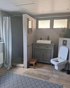 OoltgensplaatFamily Wellness lodge 4 personen Zuid-Holland!的浴室配有白色卫生间和盥洗盆。