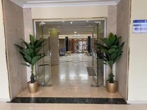 Ḩumrفندق حدائق فرسان الفندقية的大厅里两盆植物的走廊