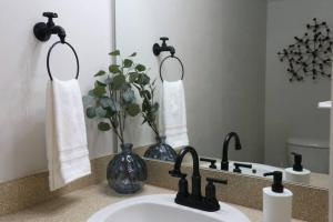 盖恩斯维尔Renovated Modern Industrial Suite 2 BR Condo的浴室的柜台设有水槽和镜子