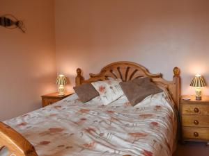 Preston麻雀鸟巢度假屋的一间卧室配有一张带2个床头柜和2盏灯的床。