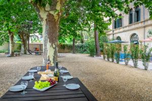 佩兹纳斯Ultimate Relaxation for Family or Group at Renowned Couvent des Ursulines, a Tranquil Escape in Historic Pézenas的一张野餐桌,上面放有酒杯和葡萄