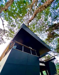 比亚维森西奥Itawa Luxury Glamping & Ecoparque turísticos的拥有蓝色外墙和树木的现代化房屋