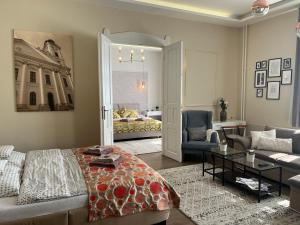 德布勒森Visit Debrecen Apartman的带沙发的客厅和带沙发床的房间