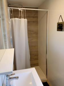 瓦布里加Apartment Patrik的浴室设有白色的淋浴帘和水槽