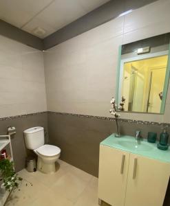 马拉加Aeropuerto-Churriana-Golf的一间带卫生间、水槽和镜子的浴室