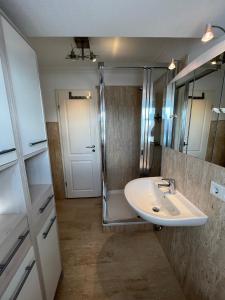 提努姆Schaumis Hus的一间带水槽、淋浴和镜子的浴室