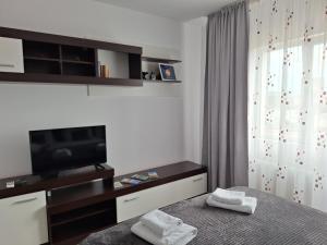 克卢日-纳波卡FARMEC Apartament的一间卧室配有电视和一张带毛巾的床。