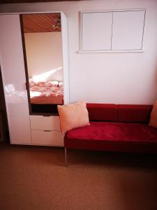阿彭策尔Ferienzimmer Appenzell的一间设有红色沙发和镜子的客房
